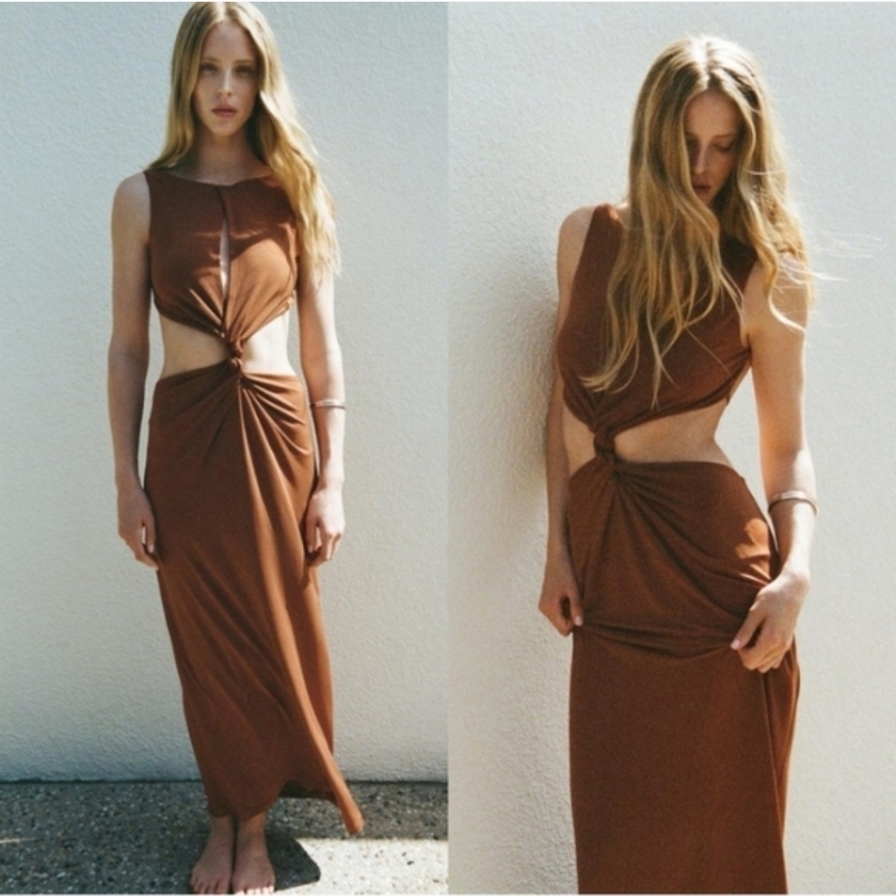 Zara Cut Out Maxi Dress Brown SizeM - Picture 13 of 13